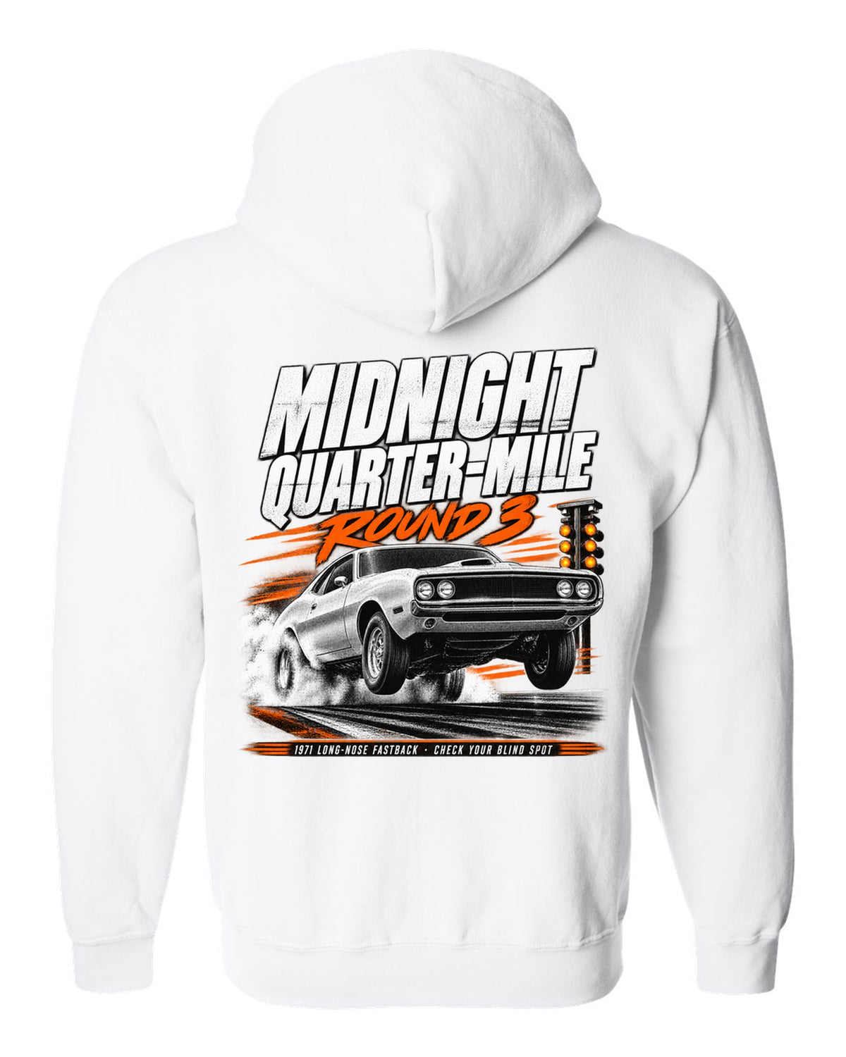 Race poster illustration of a 1971 Ford Mustang long-nose fastback titled midnight quarter-mile white zip hoodie back view with the design