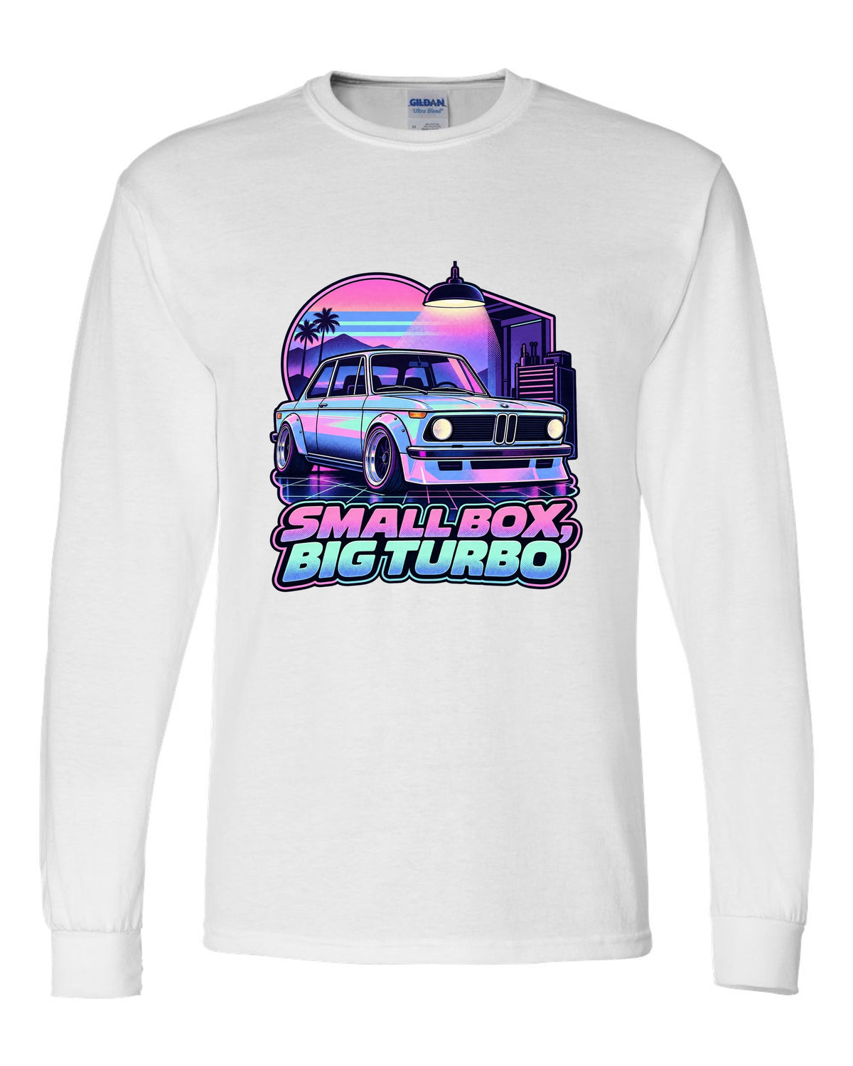 BMW 2002 turbo vaporwave pastel print with small box big turbo text white long sleeve front view with the design