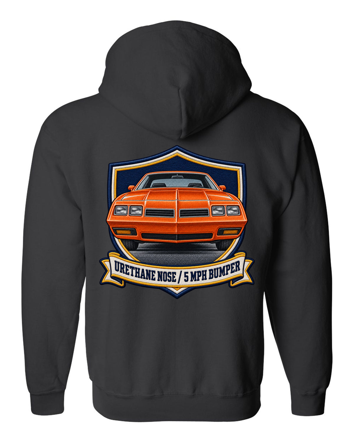 Varsity crest print for a 1973 Chevelle Laguna S-3 with the text Urethane Nose, 5 MPH Bumper black zip hoodie back view with the design