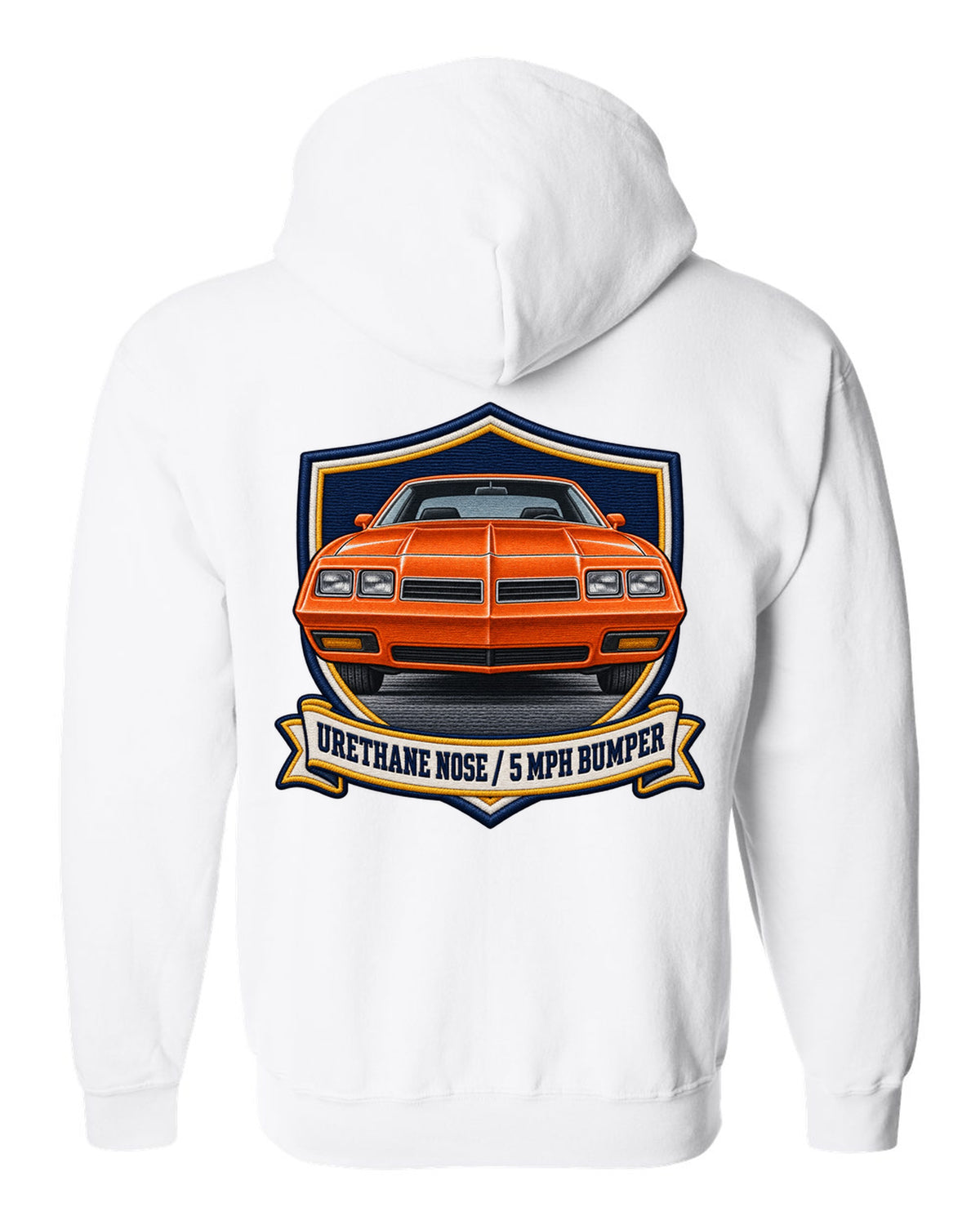 Varsity crest print for a 1973 Chevelle Laguna S-3 with the text Urethane Nose, 5 MPH Bumper white zip hoodie back view with the design