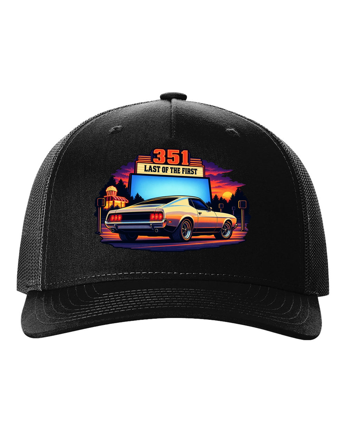 Cel-shaded anime print of a 1973 Ford Mustang fastback at a drive-in black hat front view with the design