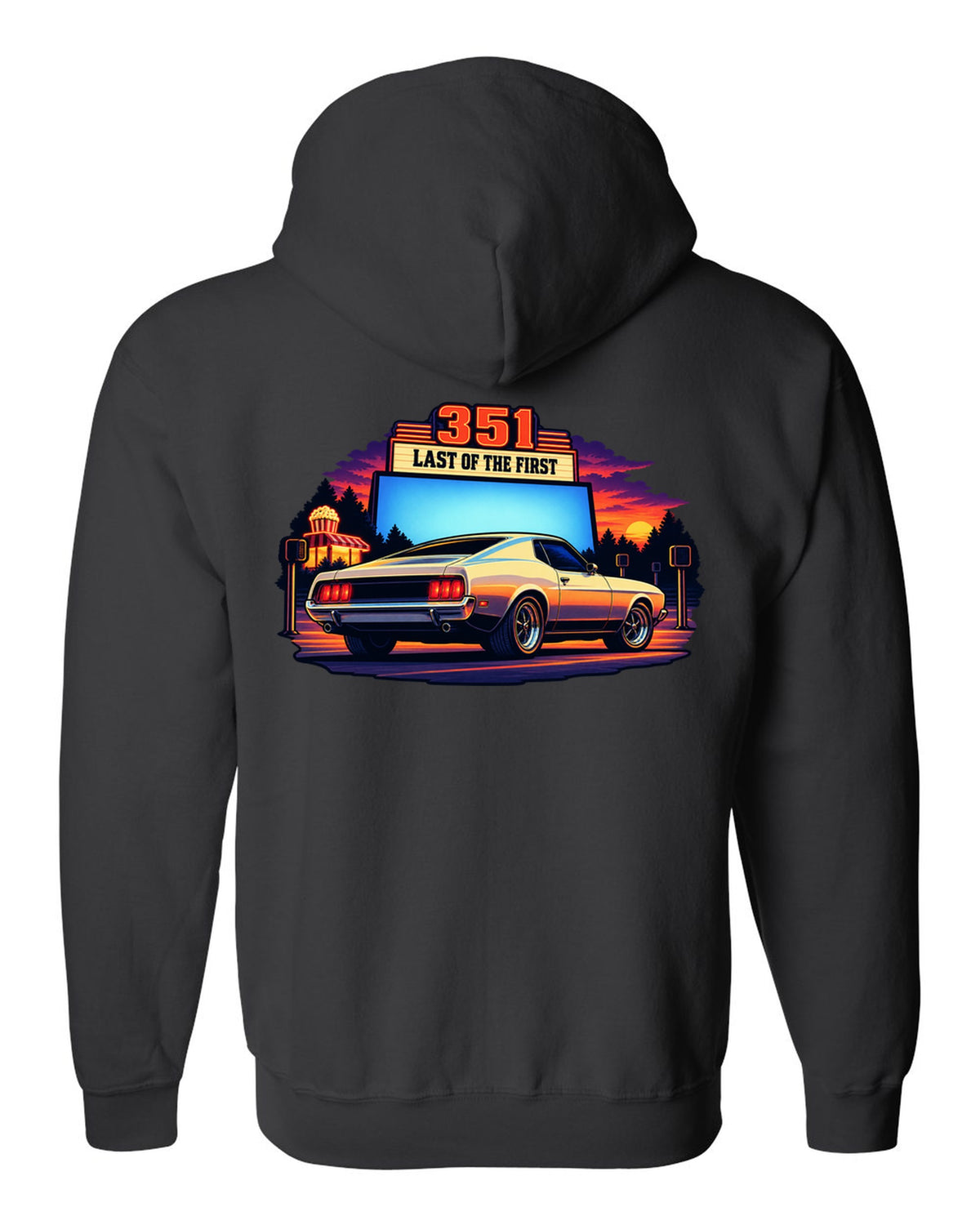 Cel-shaded anime print of a 1973 Ford Mustang fastback at a drive-in black zip hoodie back view with the design