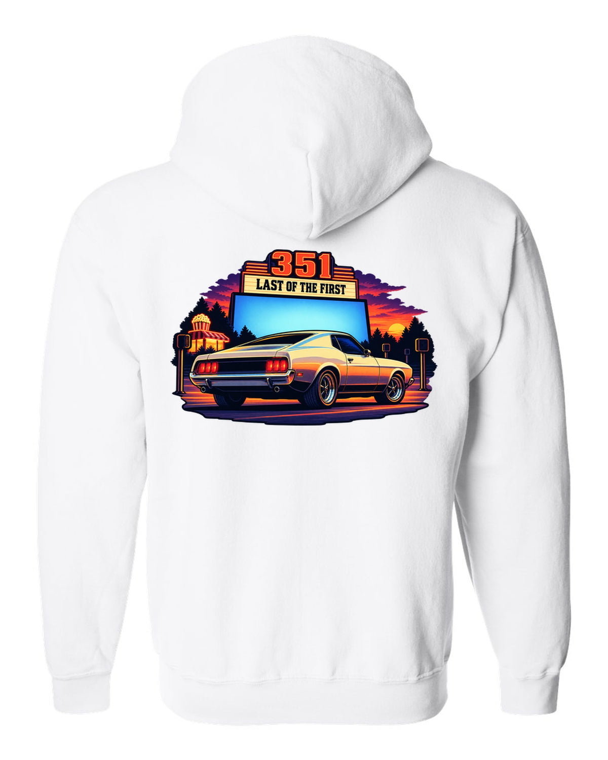 Cel-shaded anime print of a 1973 Ford Mustang fastback at a drive-in white zip hoodie back view with the design