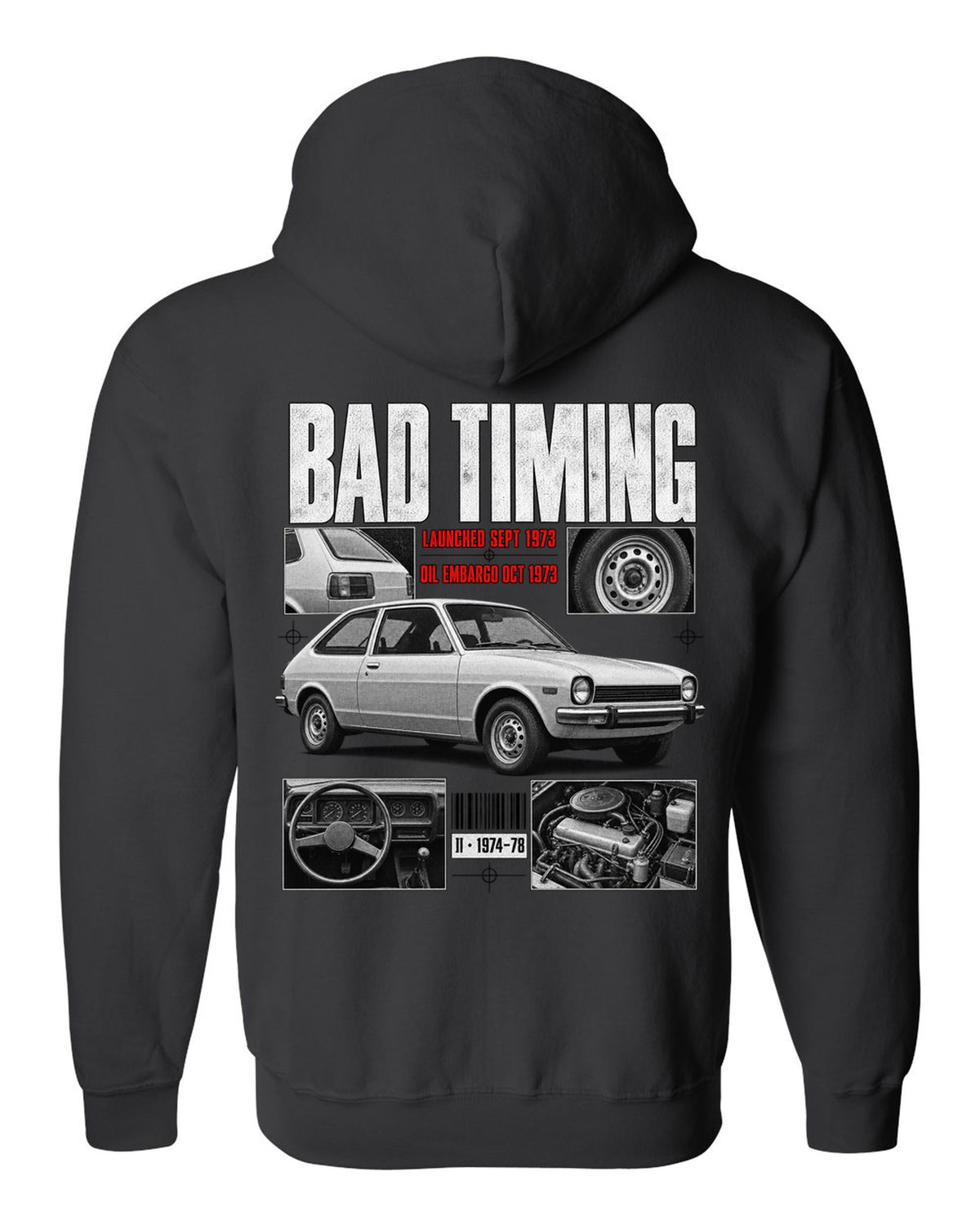 Dossier panel illustration of a 1974 Ford Mustang II chback with bad timing lettering black zip hoodie back view with the design