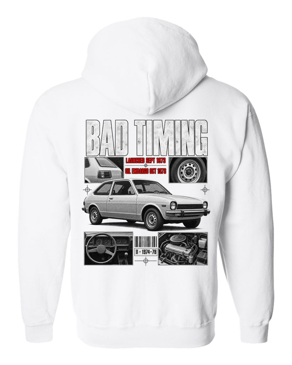 Dossier panel illustration of a 1974 Ford Mustang II chback with bad timing lettering white zip hoodie back view with the design