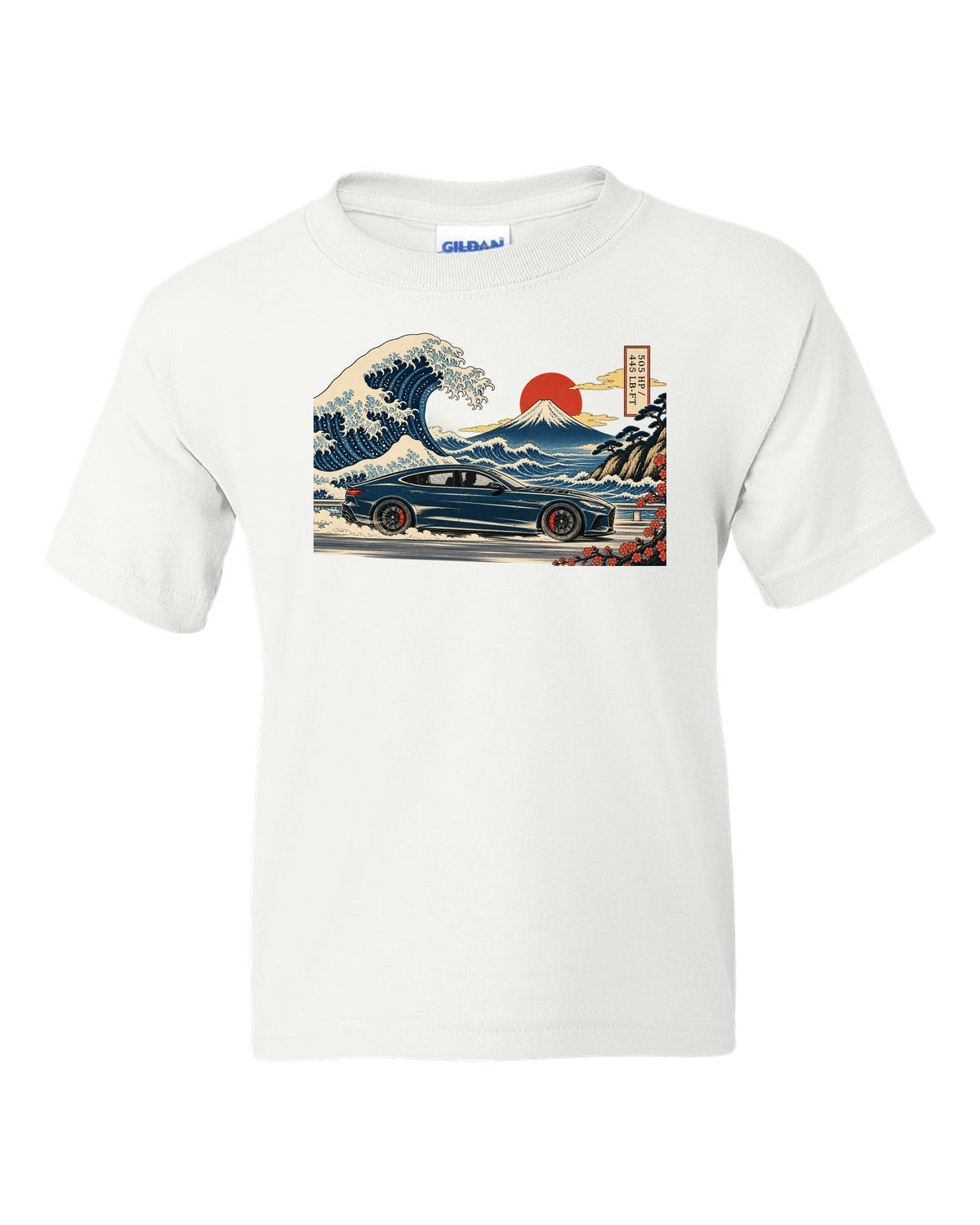 Ukiyo-e woodblock wave illustration of an Alfa Romeo Giulia Quadrifoglio with 505 HP and 443 lb-ft white kids tee front view with the design