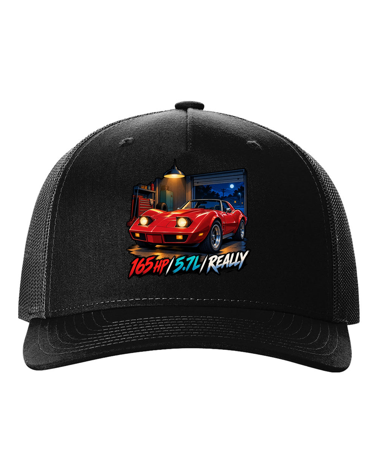 Cel-shaded anime night touge print of a 1975 Chevrolet Corvette C3 Stingray with 165 HP 5.7L lettering black hat front view with the design