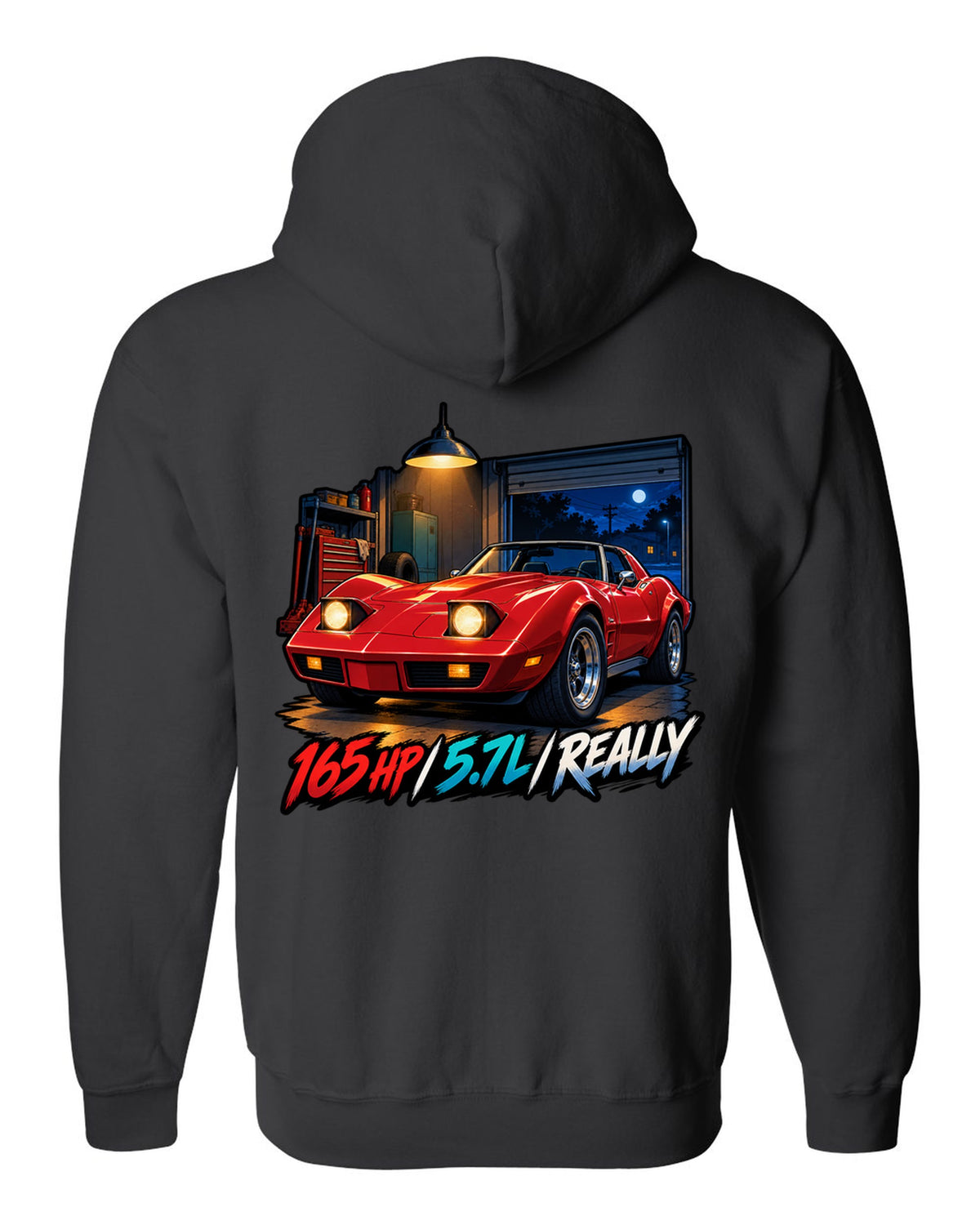 Cel-shaded anime night touge print of a 1975 Chevrolet Corvette C3 Stingray with 165 HP 5.7L lettering black zip hoodie back view with the design