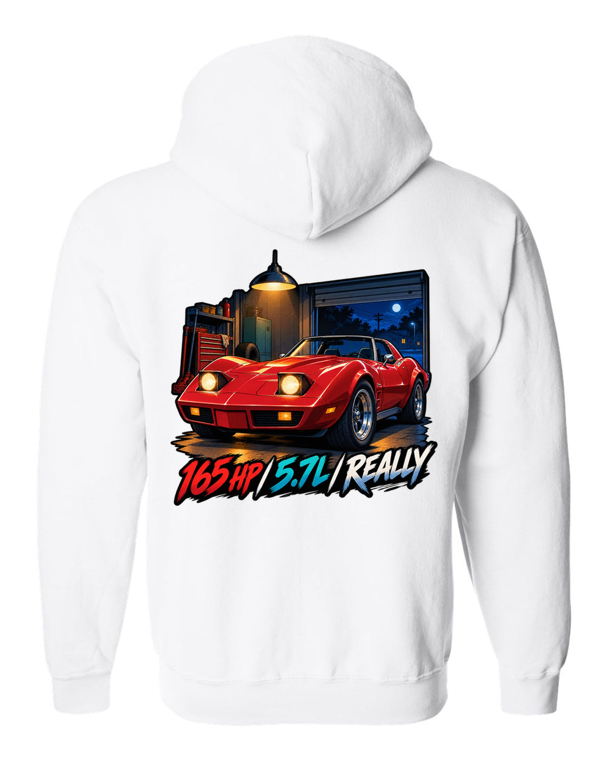 Cel-shaded anime night touge print of a 1975 Chevrolet Corvette C3 Stingray with 165 HP 5.7L lettering white zip hoodie back view with the design