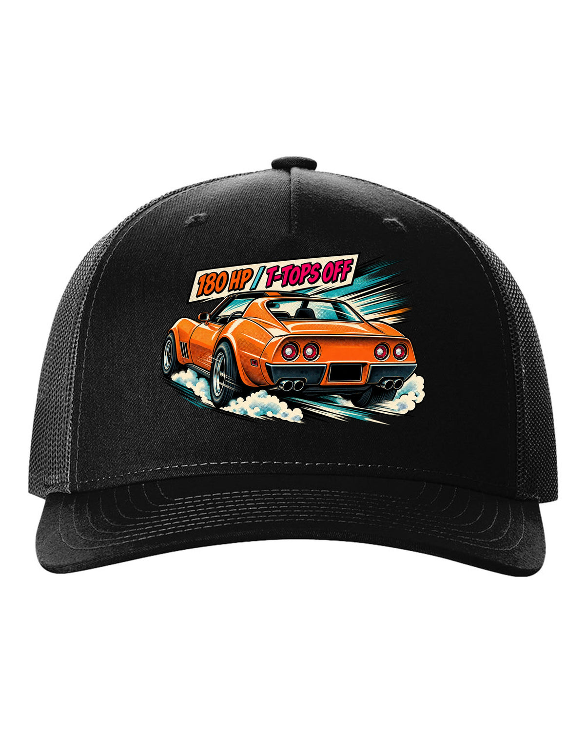 Retro manga halftone panel print of 1977 Chevrolet Corvette C3 Stingray taillights with 180 HP T-Tops Off text black hat front view with the design