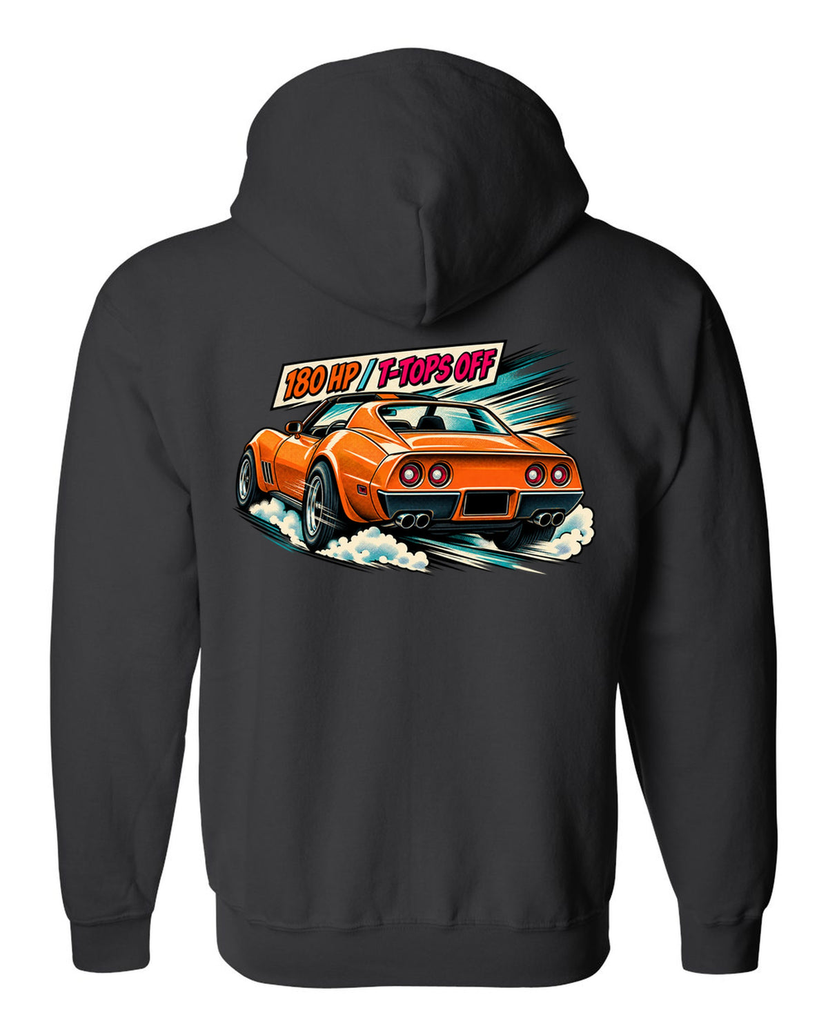 Retro manga halftone panel print of 1977 Chevrolet Corvette C3 Stingray taillights with 180 HP T-Tops Off text black zip hoodie back view with the design