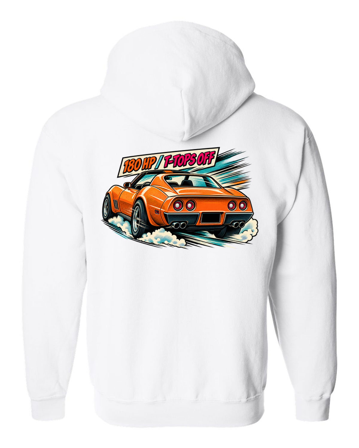 Retro manga halftone panel print of 1977 Chevrolet Corvette C3 Stingray taillights with 180 HP T-Tops Off text white zip hoodie back view with the design