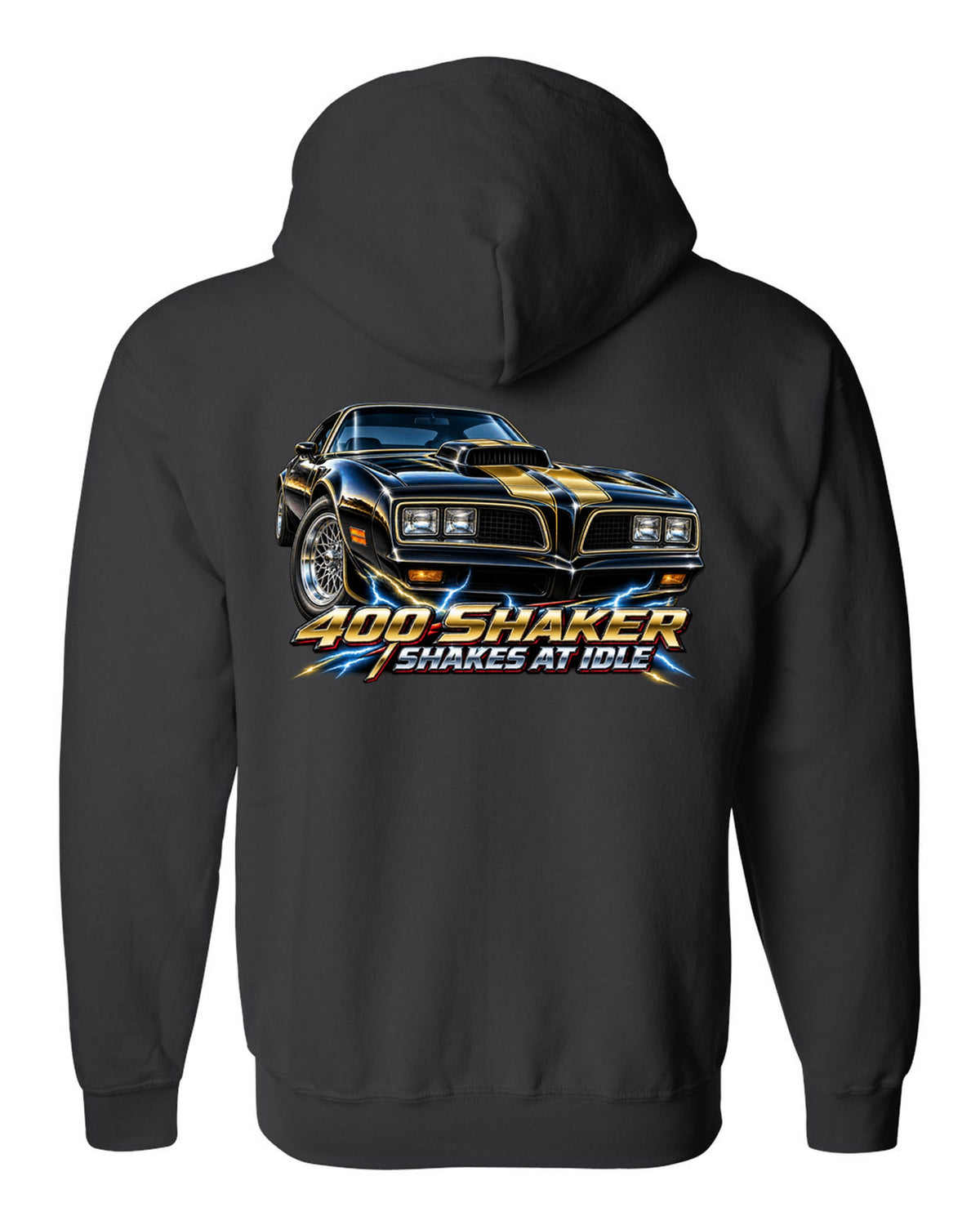 1977 Pontiac Firebird Trans Am shaker hood close-up in airbrush chrome black zip hoodie back view with the design