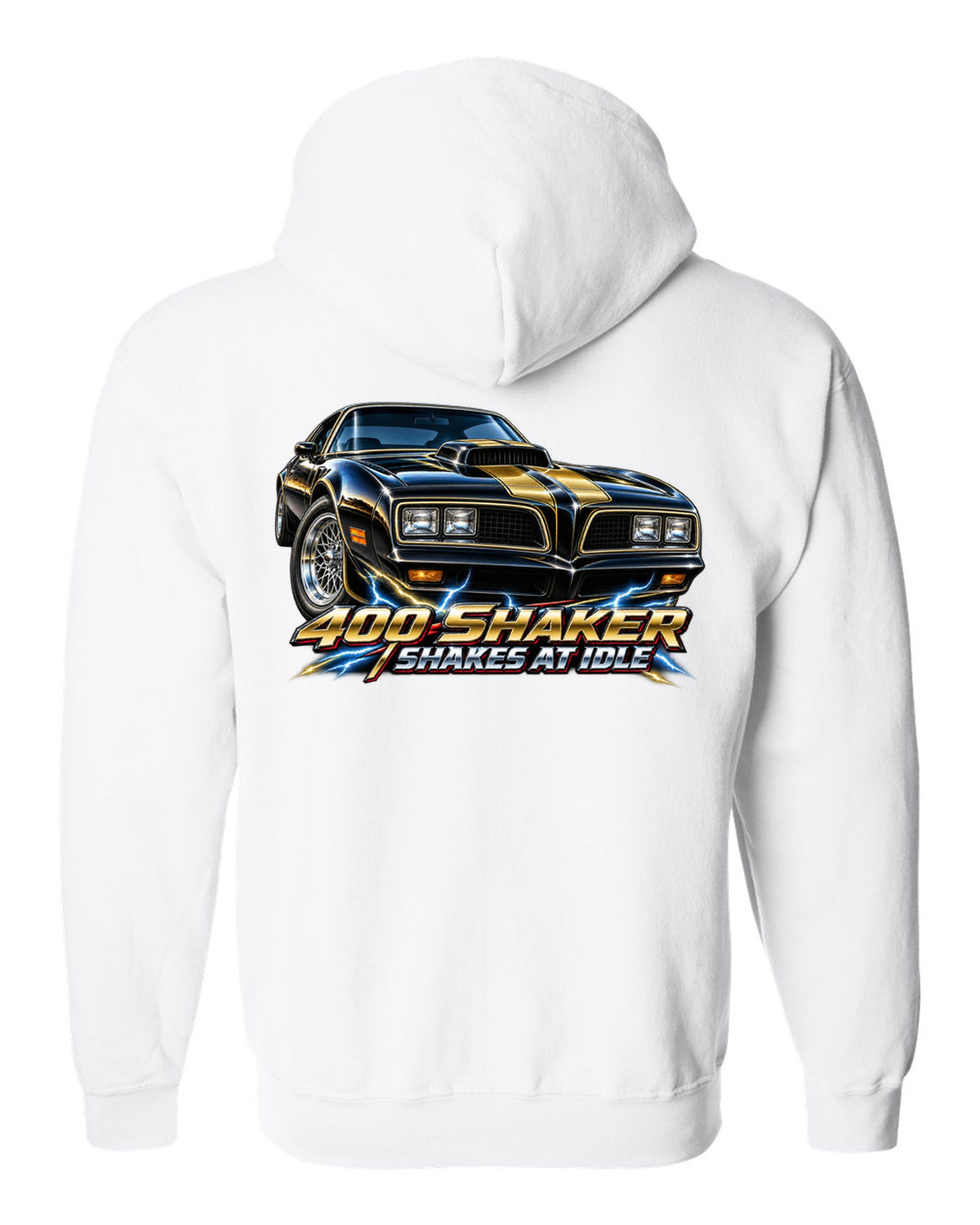 1977 Pontiac Firebird Trans Am shaker hood close-up in airbrush chrome white zip hoodie back view with the design