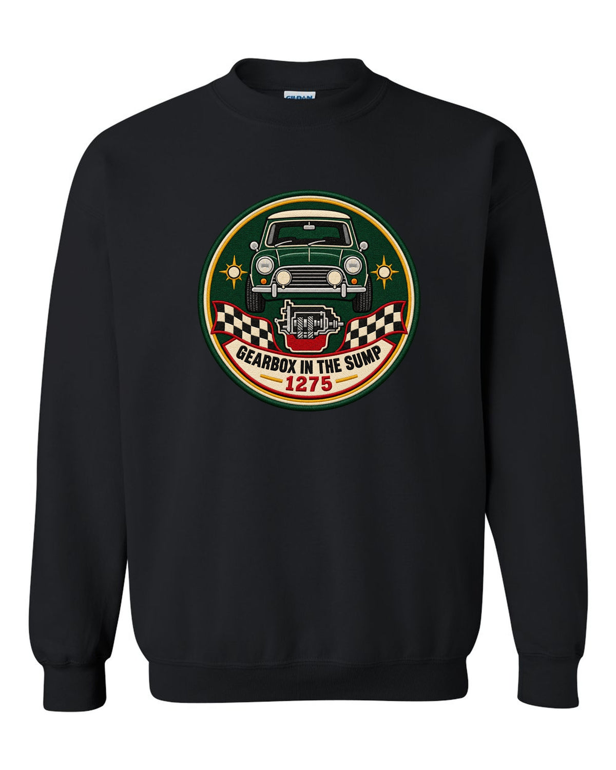 Round crest for the classic Mini Cooper S ADO15 with gearbox in the sump lettering black crewneck front view with the design