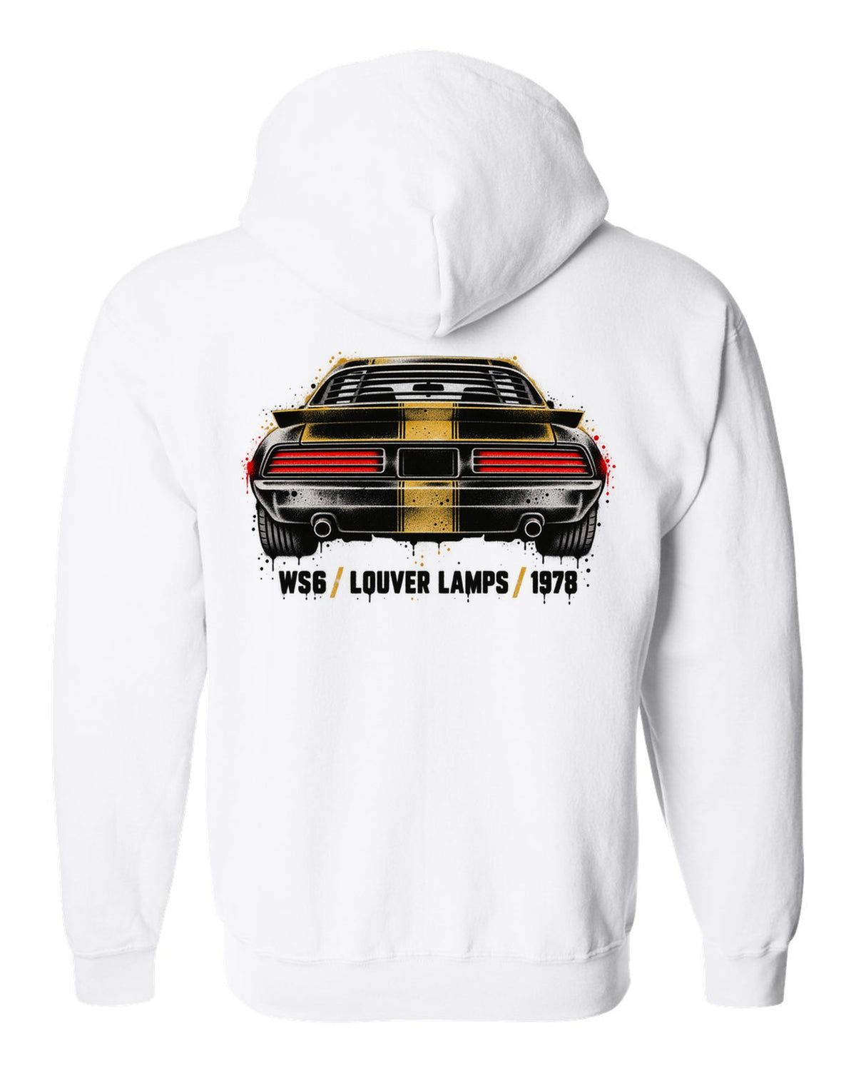 1978 Pontiac Firebird Formula rear taillights cutout in stencil style white zip hoodie back view with the design