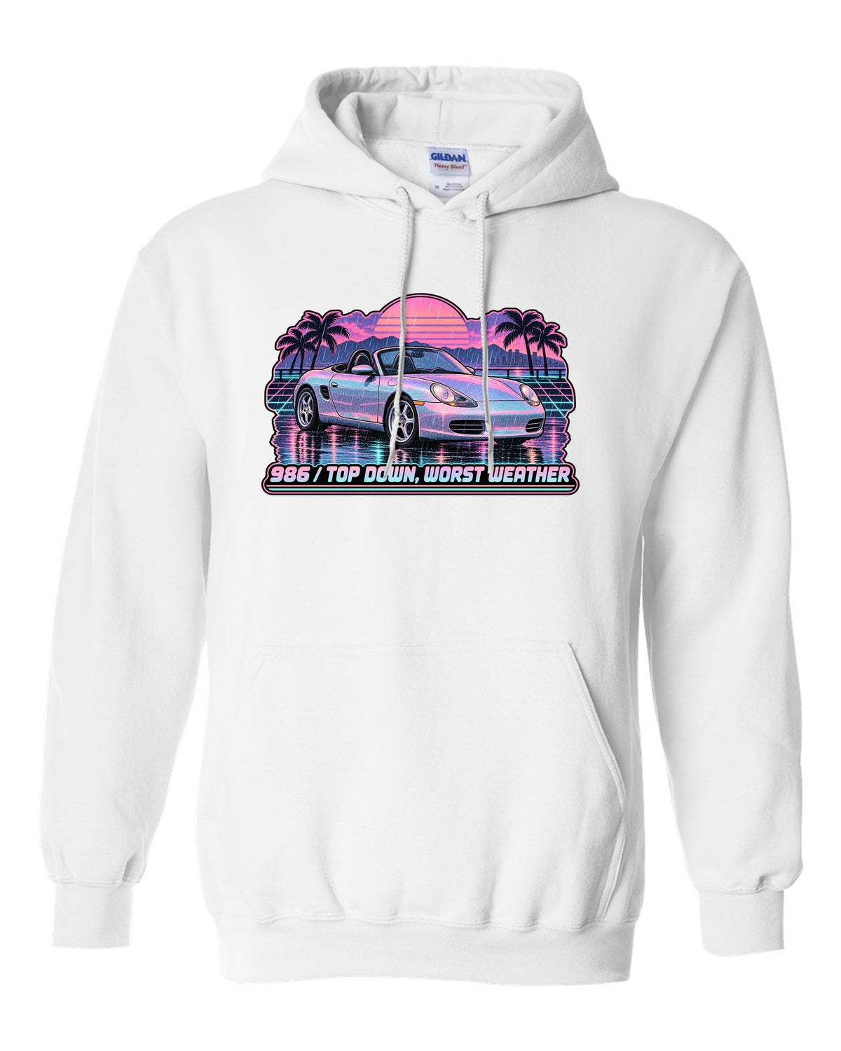 Lo-fi vaporwave Porsche Boxster 986 with the roof down white pull over hoodie front view with the design