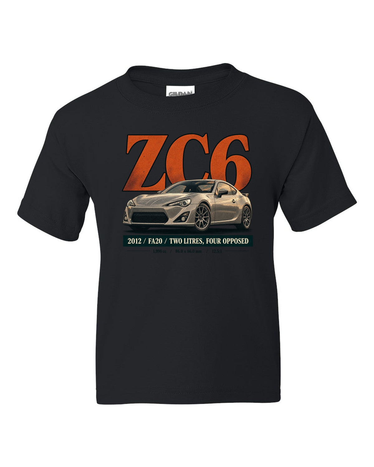 Magazine-style headline layout of a first-generation Subaru BRZ ZC6 print black kids tee front view with the design