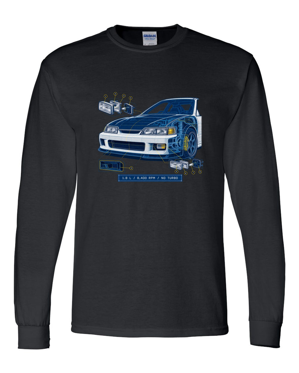 Technical blueprint design of the Honda Integra Type R DC2 with B18C specs black long sleeve front view with the design