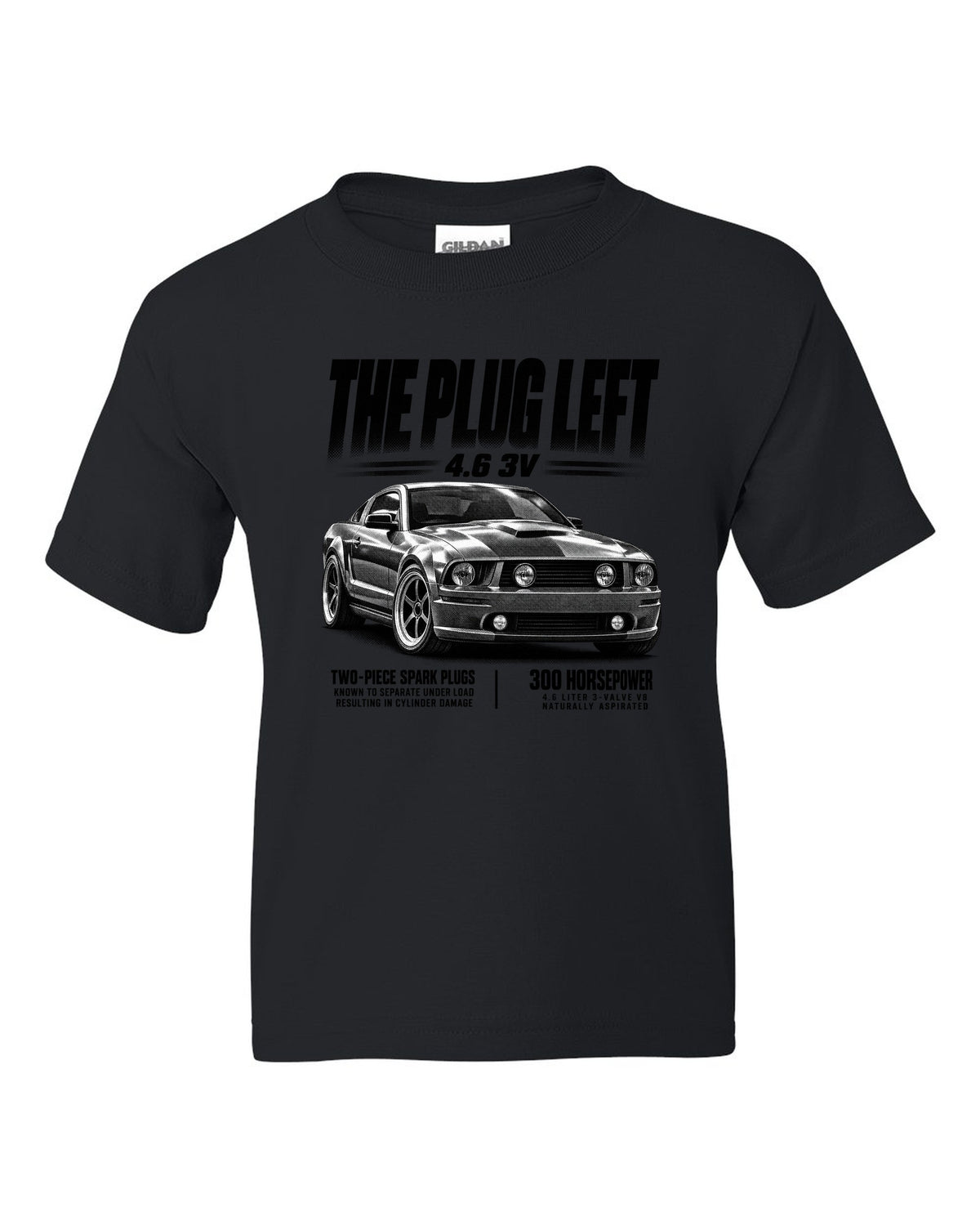 Halftone print of a 2005-09 Ford Mustang S197 GT with 4.6 3V text black kids tee front view with the design
