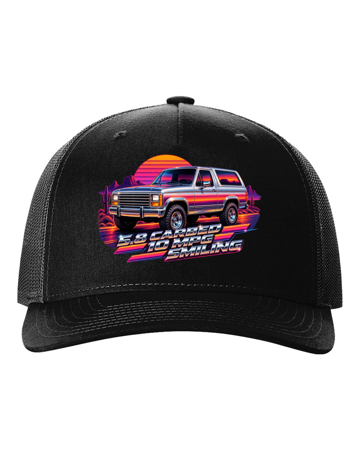 80s airbrush chrome art of a 1980-86 Ford Bronco Bullnose at sunset with 5.8 CARBED 10 MPG lettering black hat front view with the design