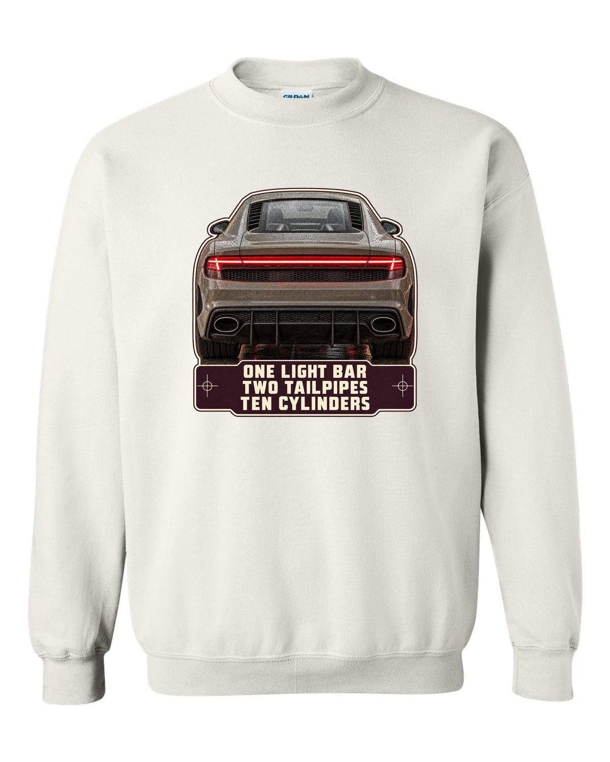 Audi R8 V10 performance rear taillight macro print design white crewneck front view with the design