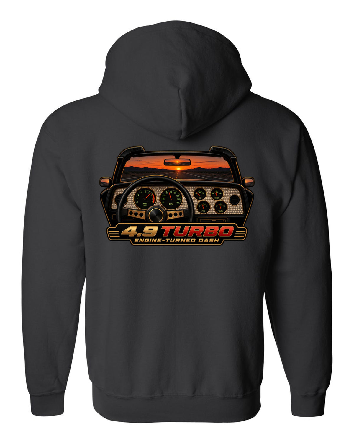 1981 Pontiac Firebird Trans Am gauge cluster HUD graphic with 4.9 Turbo text black zip hoodie back view with the design