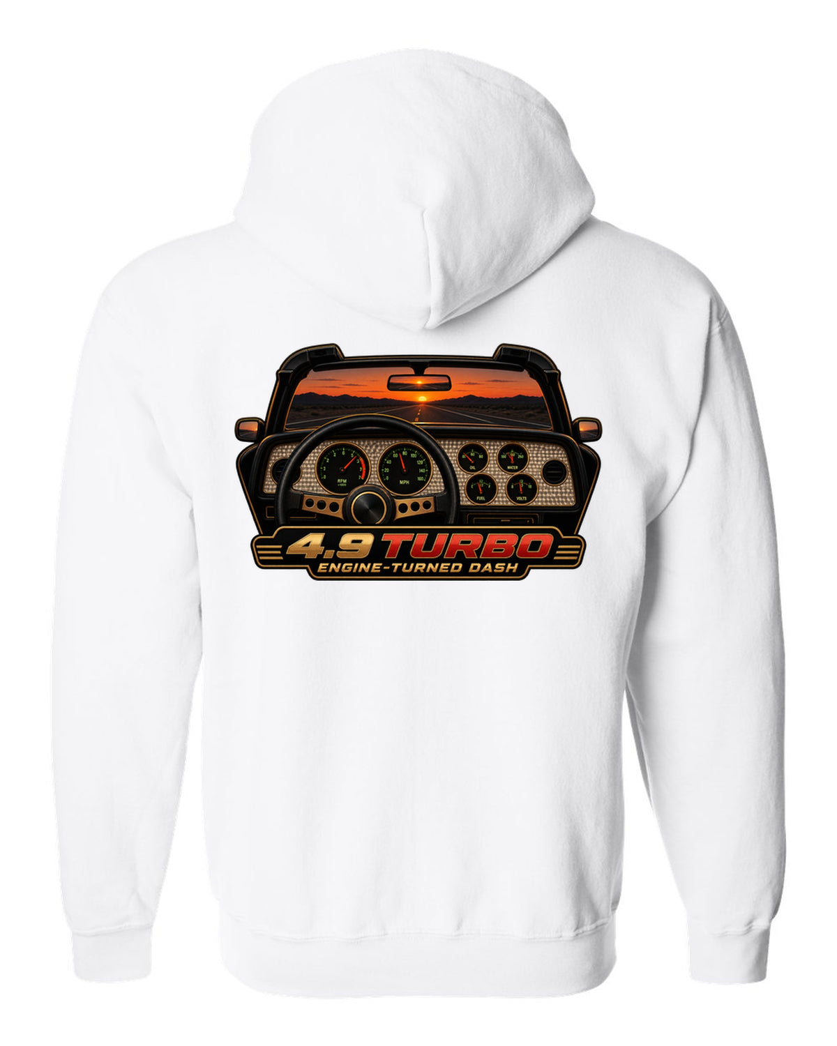 1981 Pontiac Firebird Trans Am gauge cluster HUD graphic with 4.9 Turbo text white zip hoodie back view with the design