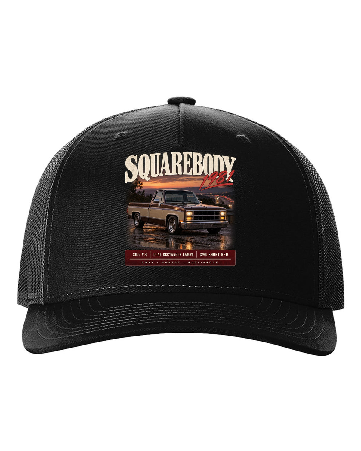 1981 Squarebody C10 Silverado archive panel print black hat front view with the design