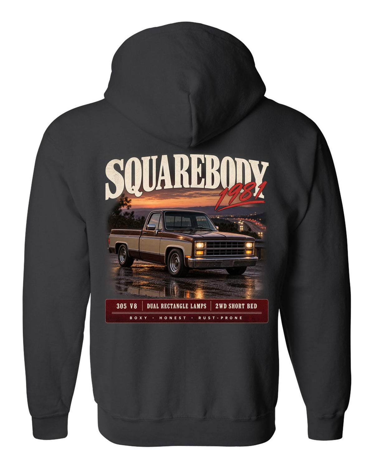 1981 Squarebody C10 Silverado archive panel print black zip hoodie back view with the design