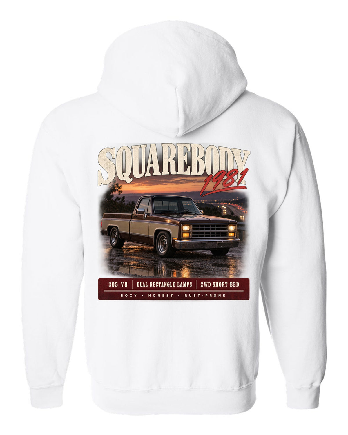 1981 Squarebody C10 Silverado archive panel print white zip hoodie back view with the design