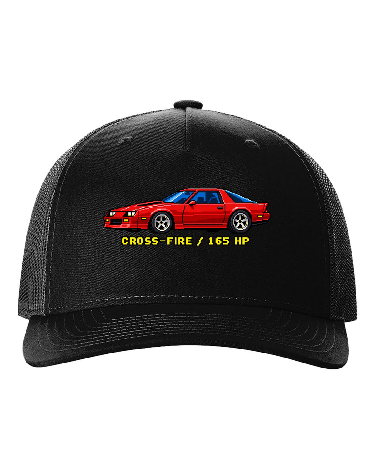 1982 Camaro Z28 third-generation chback in 16-bit pixel art with Cross-Fire 165 HP text black hat front view with the design