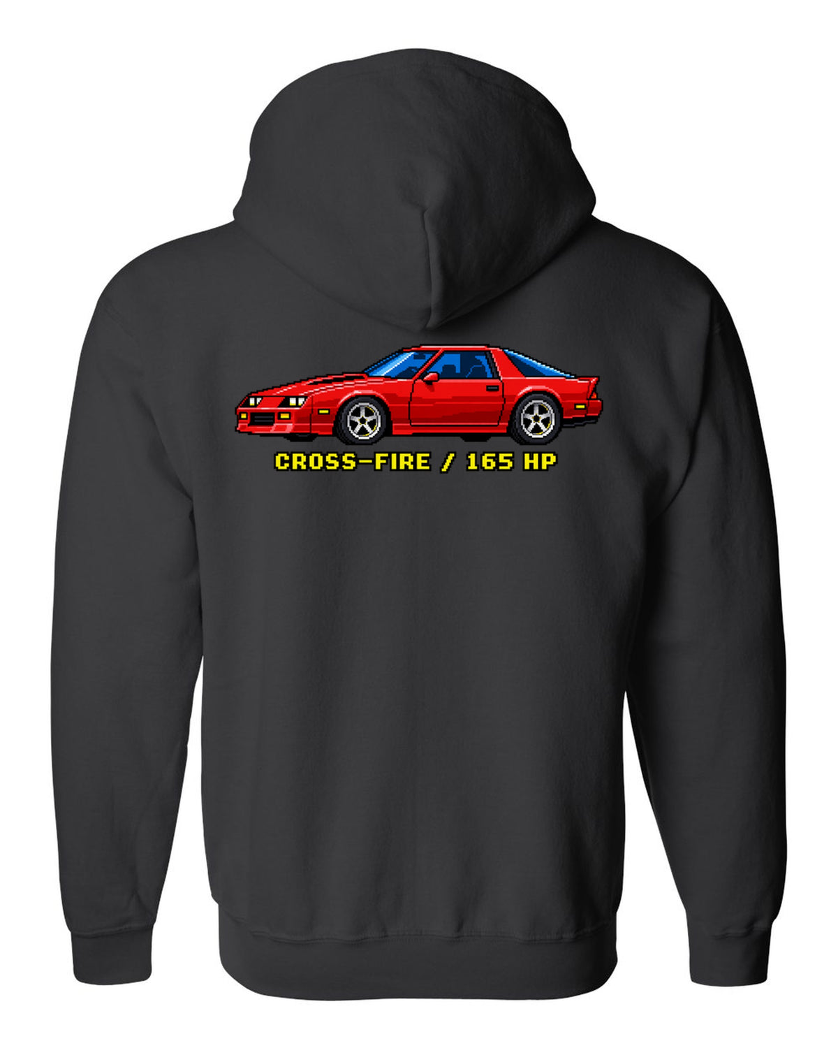 1982 Camaro Z28 third-generation chback in 16-bit pixel art with Cross-Fire 165 HP text black zip hoodie back view with the design