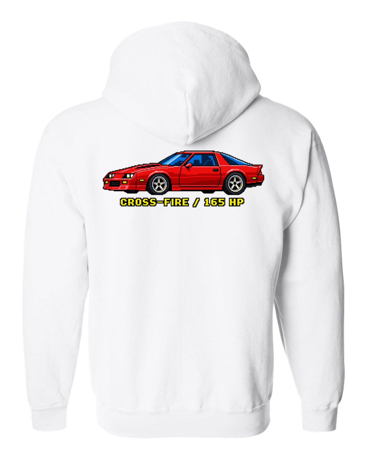 1982 Camaro Z28 third-generation chback in 16-bit pixel art with Cross-Fire 165 HP text white zip hoodie back view with the design