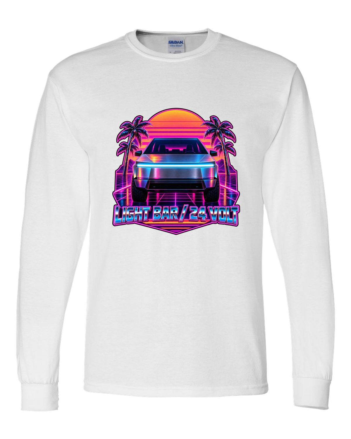 Neon synthwave outrun scene of a 2023 Tesla Cybertruck with the words Light Bar 24 Volt white long sleeve front view with the design