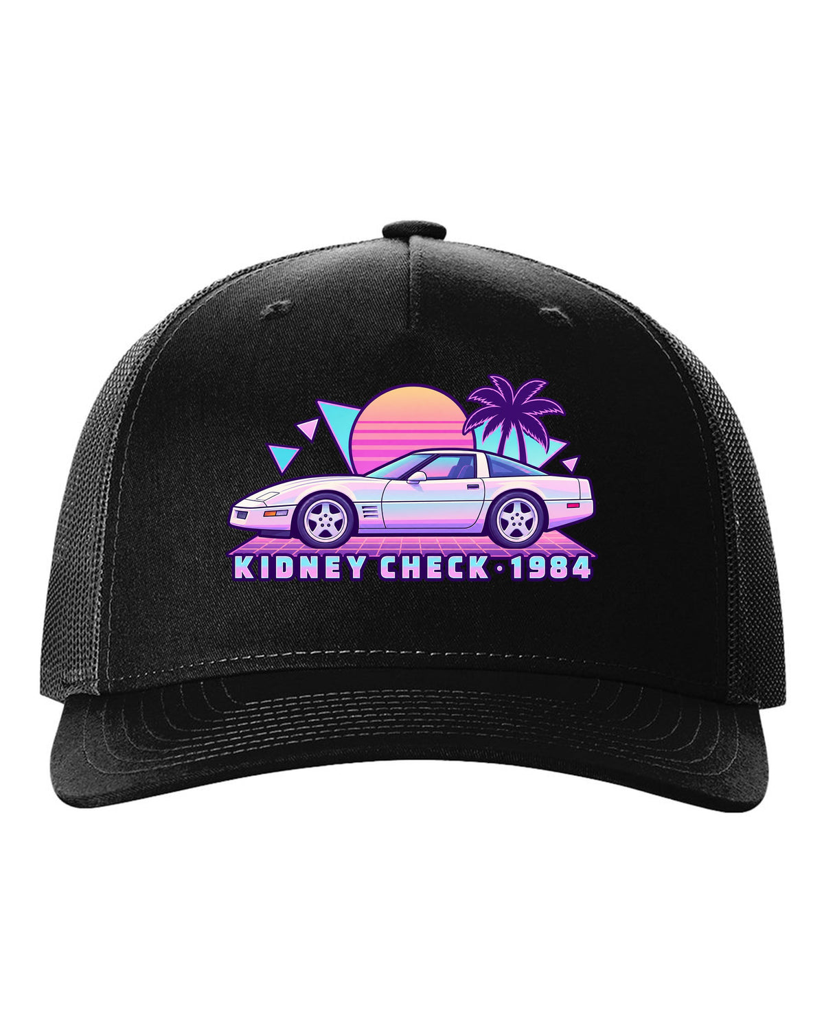 Pastel vaporwave print of a 1984 Chevrolet Corvette C4 coupe with Kidney Check text black hat front view with the design
