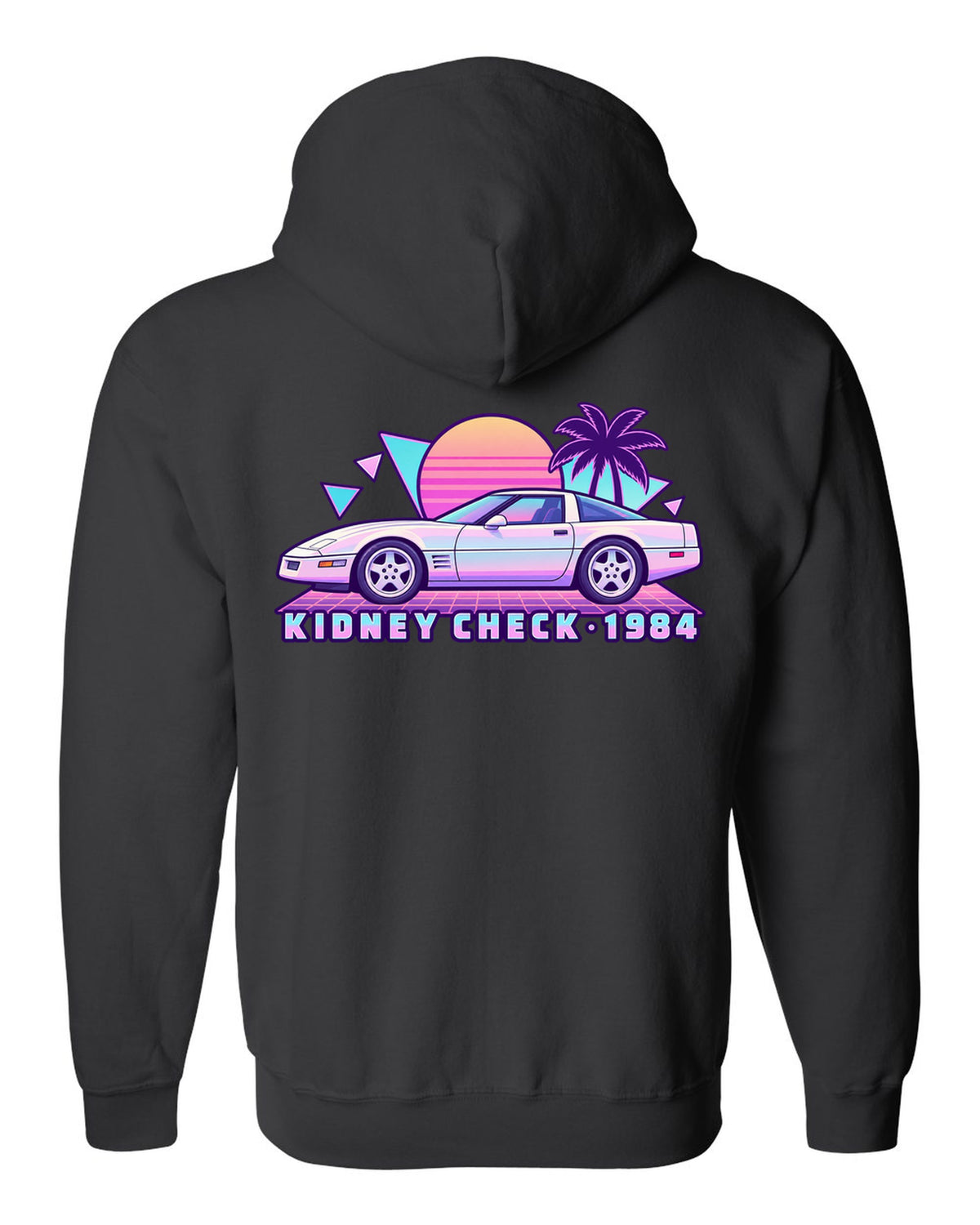 Pastel vaporwave print of a 1984 Chevrolet Corvette C4 coupe with Kidney Check text black zip hoodie back view with the design