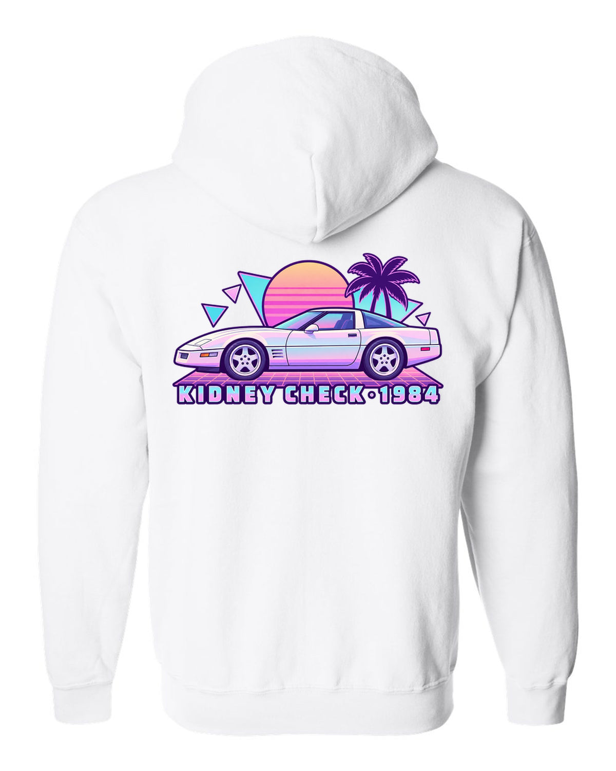 Pastel vaporwave print of a 1984 Chevrolet Corvette C4 coupe with Kidney Check text white zip hoodie back view with the design