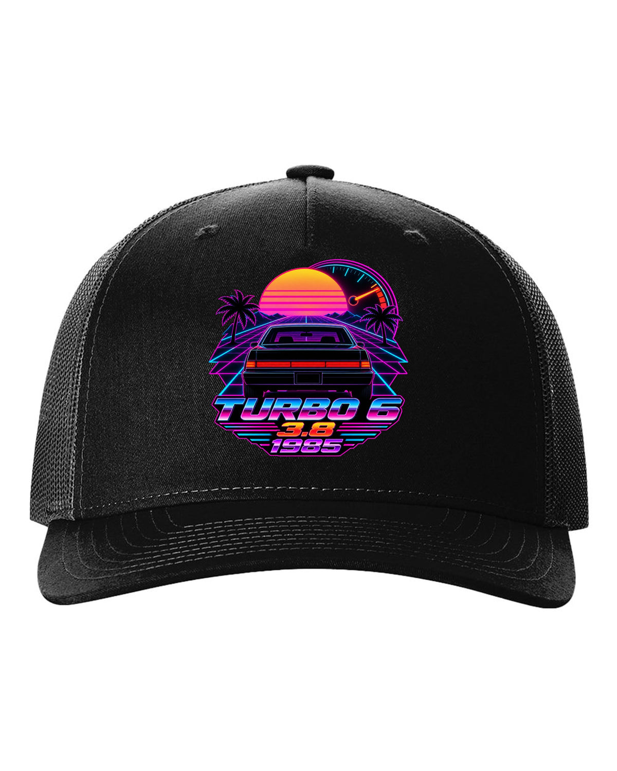 1985 Buick Regal T-Type rear taillights in a synthwave outrun sunset black hat front view with the design