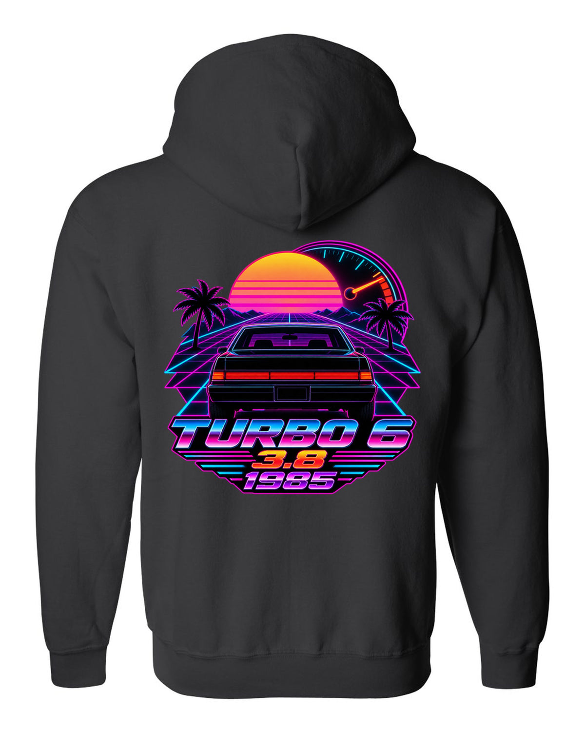 1985 Buick Regal T-Type rear taillights in a synthwave outrun sunset black zip hoodie back view with the design