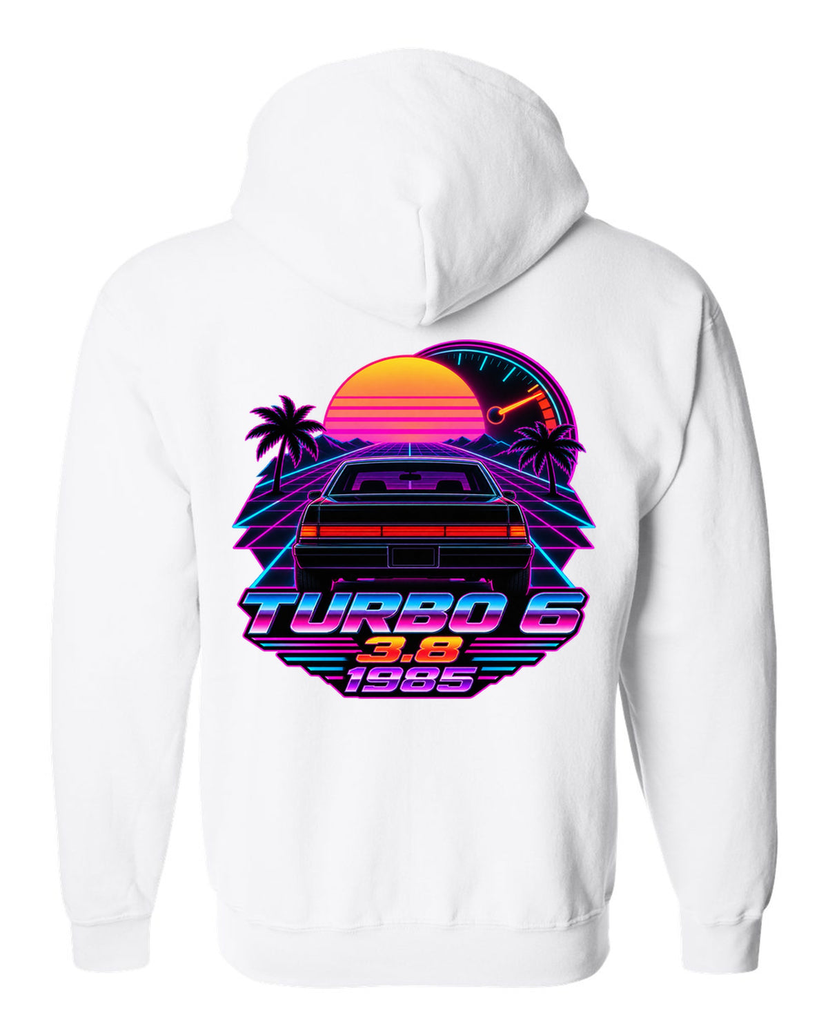 1985 Buick Regal T-Type rear taillights in a synthwave outrun sunset white zip hoodie back view with the design