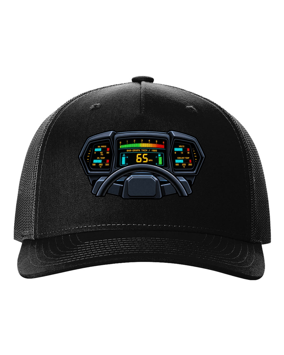 Gauge cluster HUD style print of a 1985 Chevrolet Corvette C4 digital dash with bar-graph tach black hat front view with the design