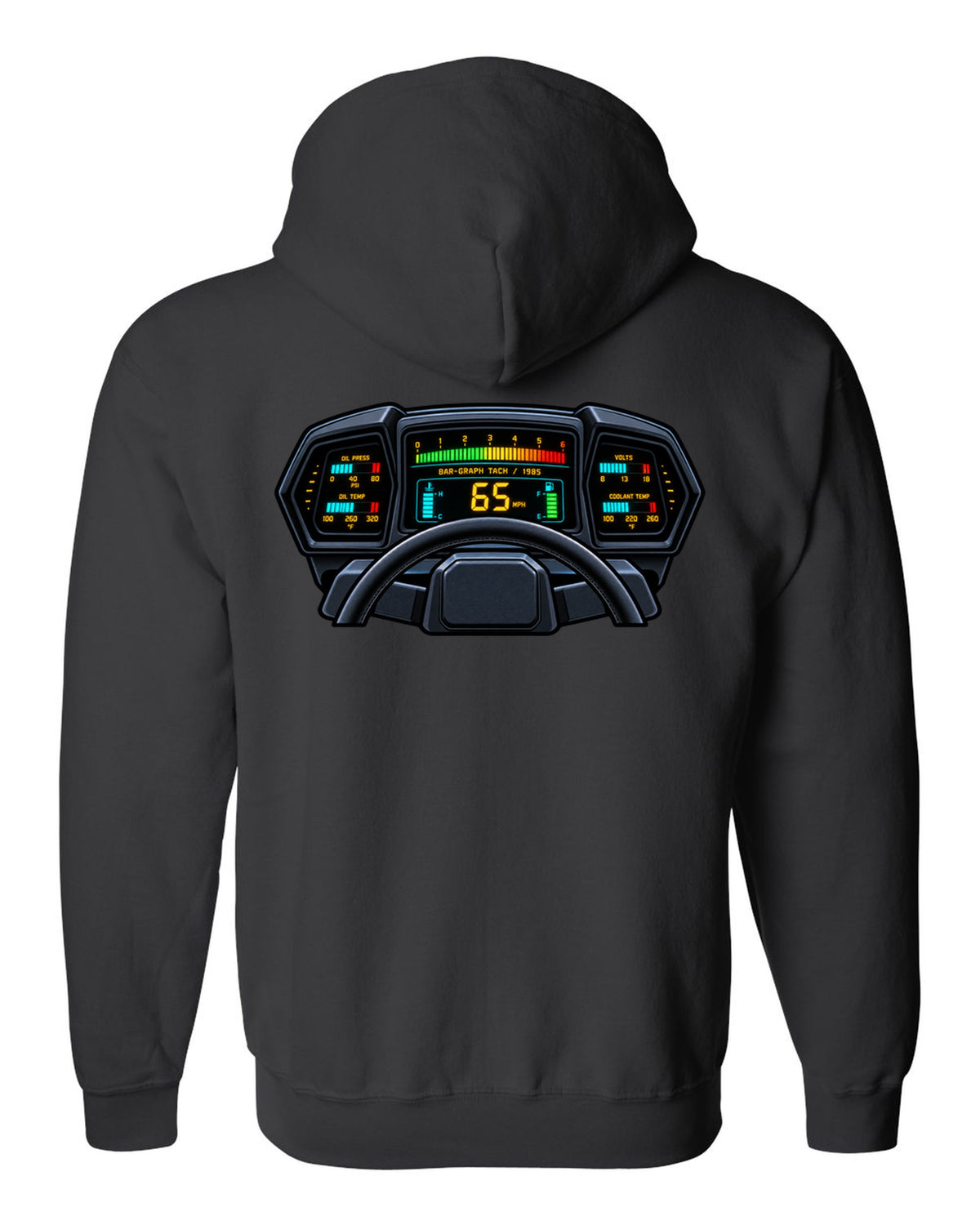 Gauge cluster HUD style print of a 1985 Chevrolet Corvette C4 digital dash with bar-graph tach black zip hoodie back view with the design