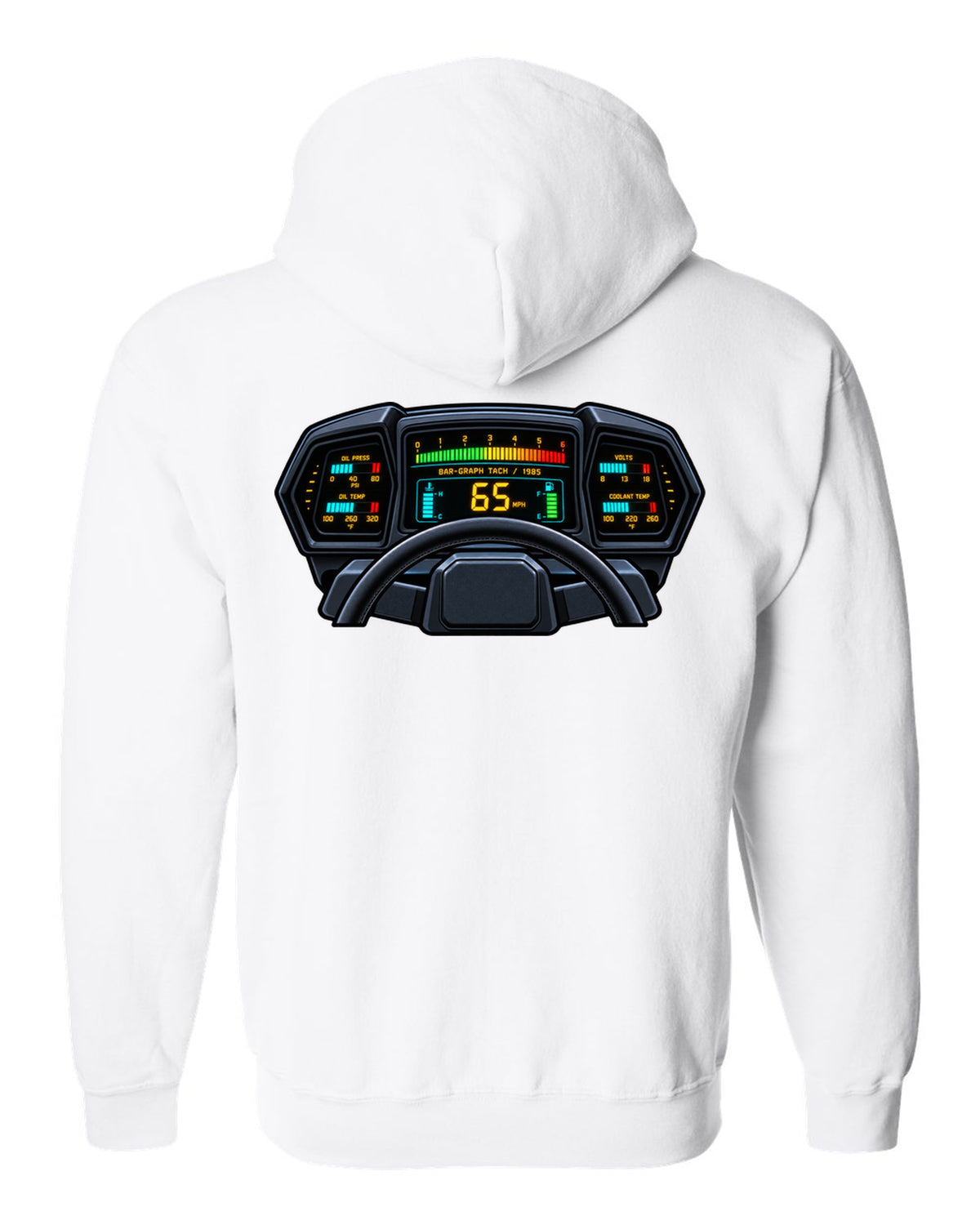 Gauge cluster HUD style print of a 1985 Chevrolet Corvette C4 digital dash with bar-graph tach white zip hoodie back view with the design