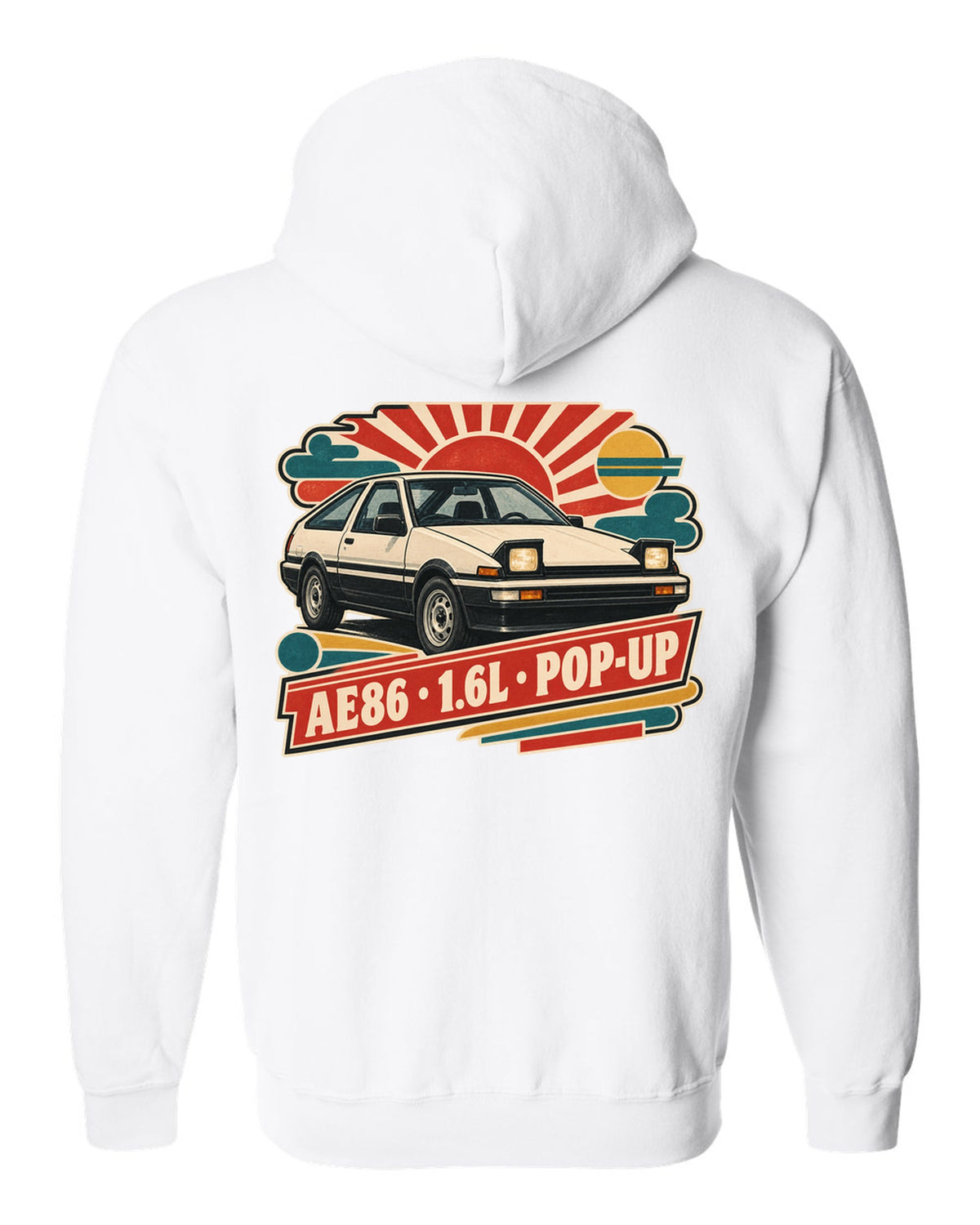 Retro Japanese Showa catalogue ad style print of a 1985 Toyota Sprinter Trueno AE86 with pop-up lettering white zip hoodie back view with the design