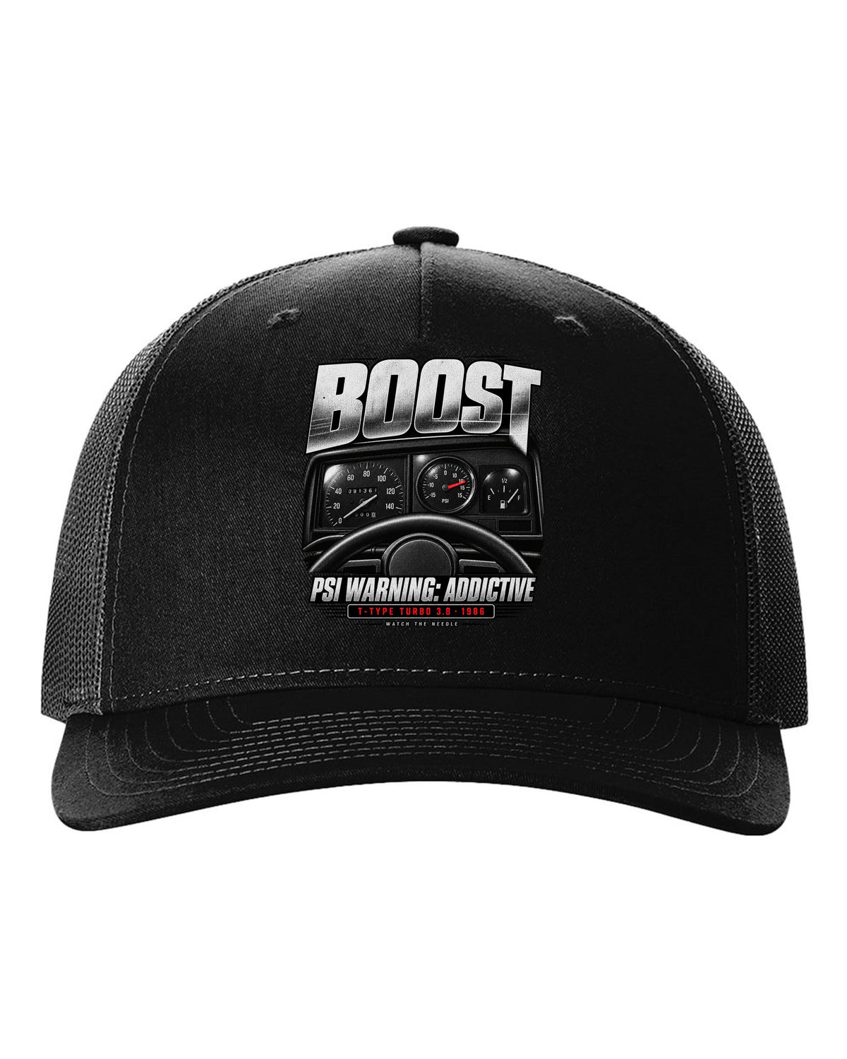 1986 Buick Grand National boost gauge cockpit print with T-Type turbo text black hat front view with the design