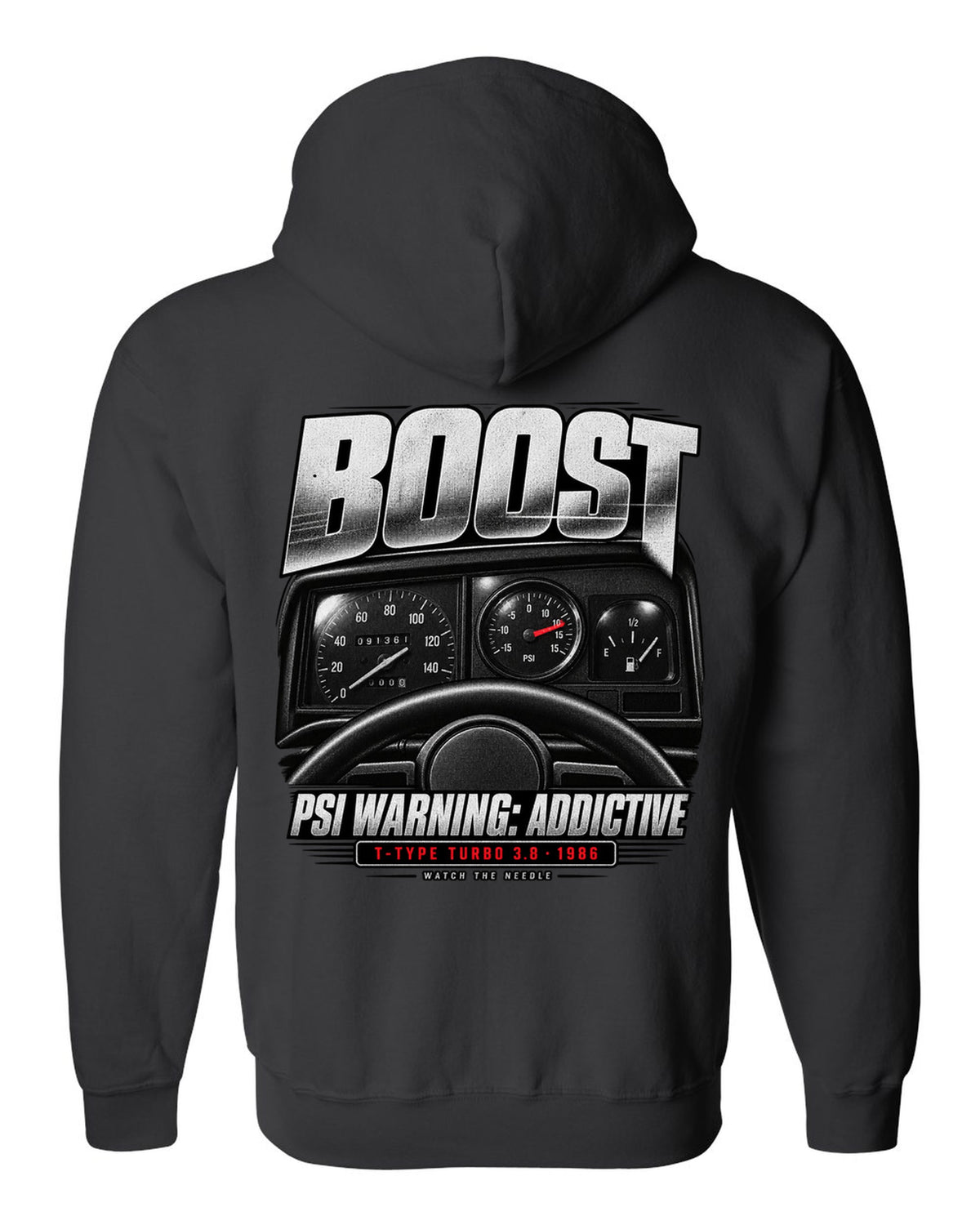 1986 Buick Grand National boost gauge cockpit print with T-Type turbo text black zip hoodie back view with the design
