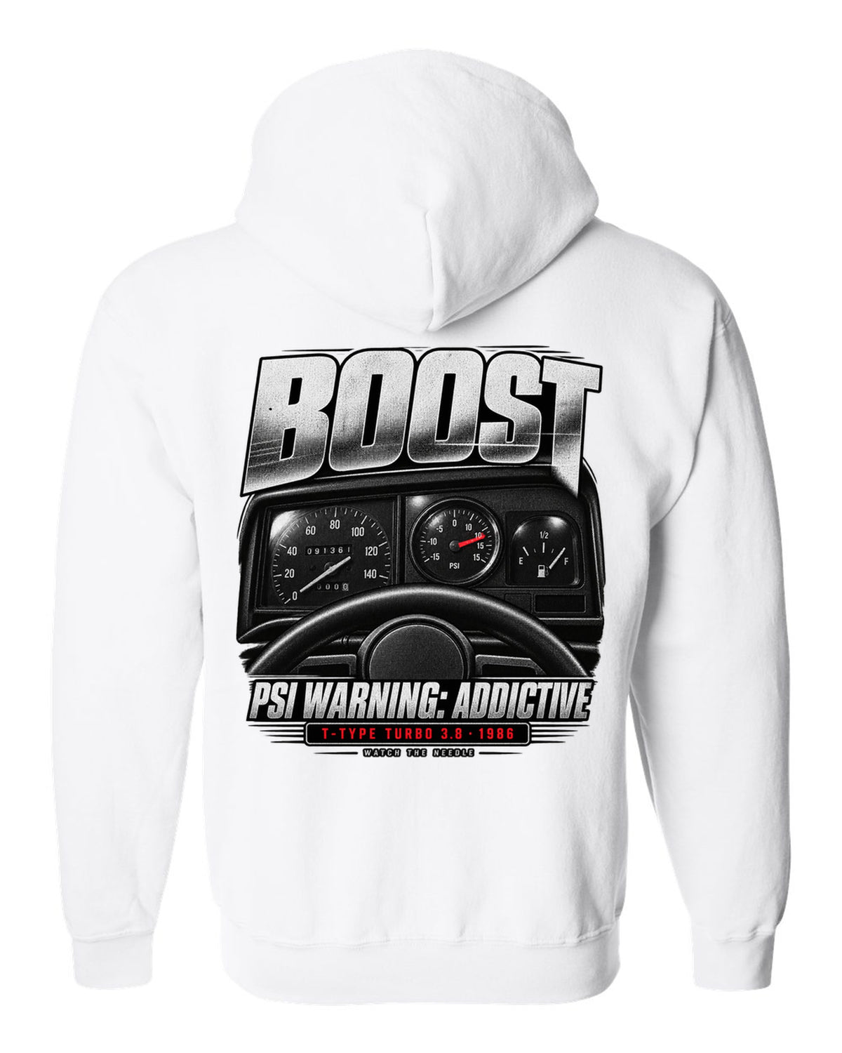 1986 Buick Grand National boost gauge cockpit print with T-Type turbo text white zip hoodie back view with the design