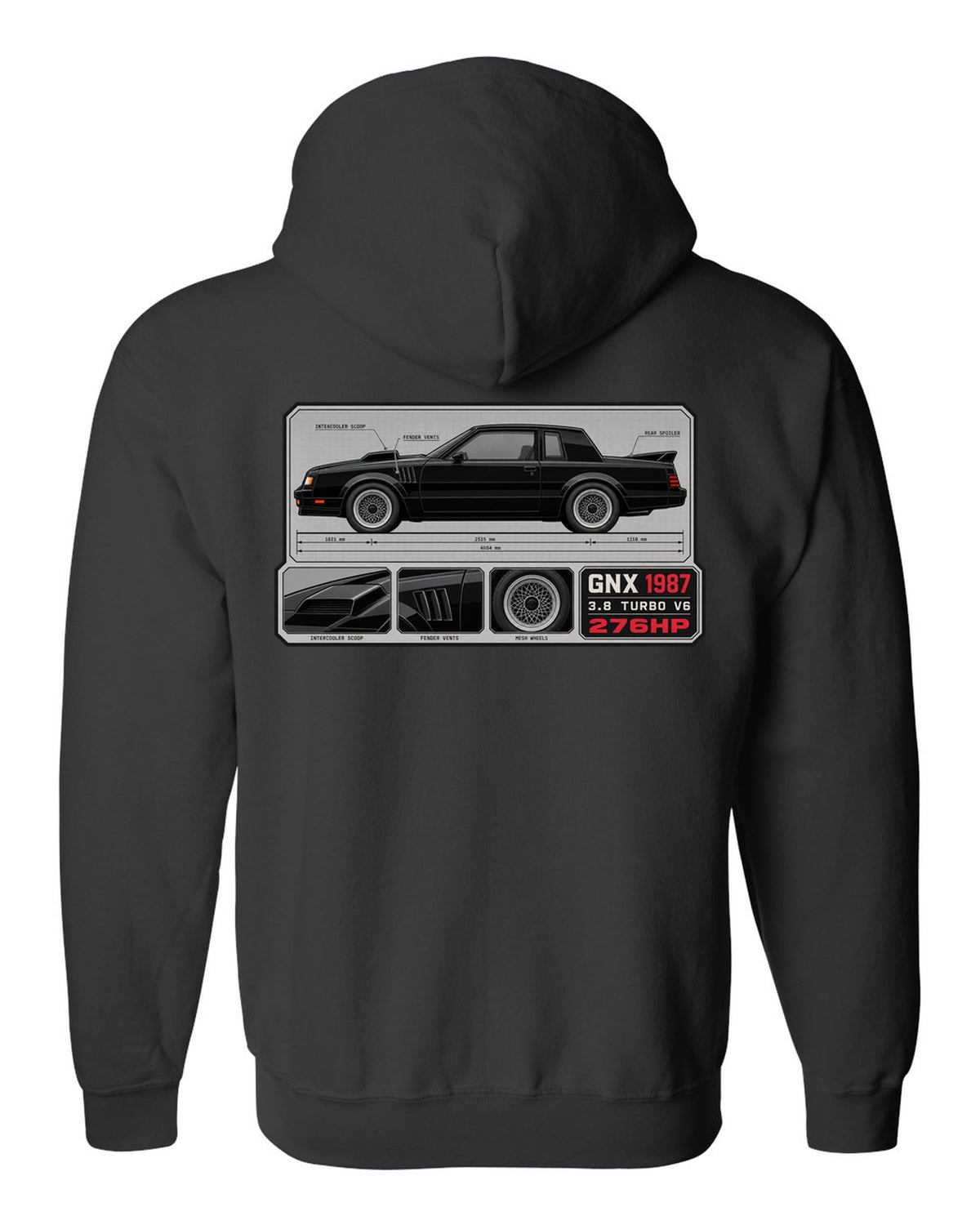 1987 Buick GNX datasheet spec layout with 3.8 turbo V6 and 276HP text black zip hoodie back view with the design