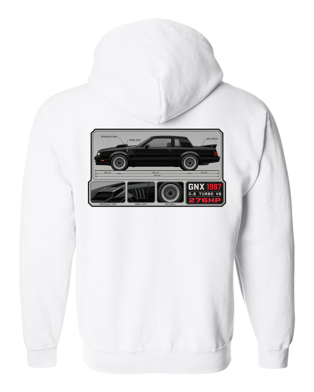 1987 Buick GNX datasheet spec layout with 3.8 turbo V6 and 276HP text white zip hoodie back view with the design